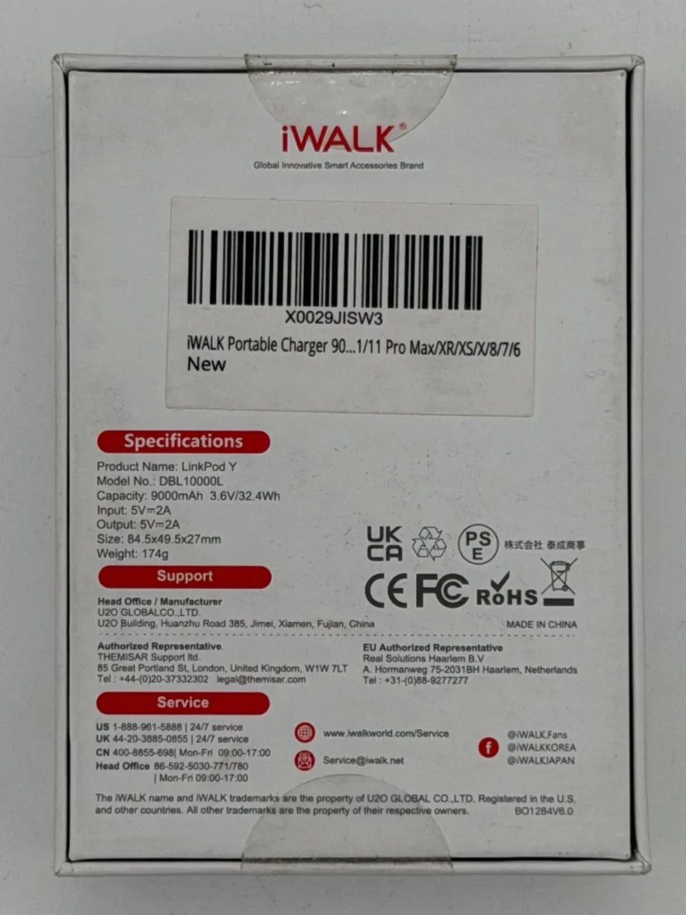 iWALK LinkPod Y 9000mAh Portable Power Bank Charger for iPhone White NEW